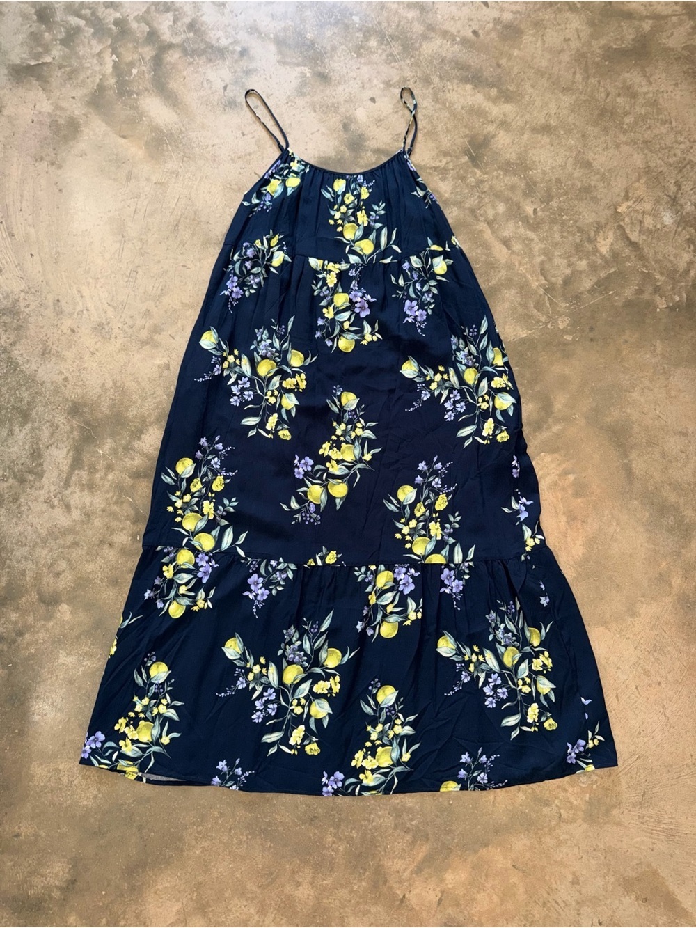 Time and Tru Navy Lemon Floral Adjustable Strap Midi Dress L Rayon